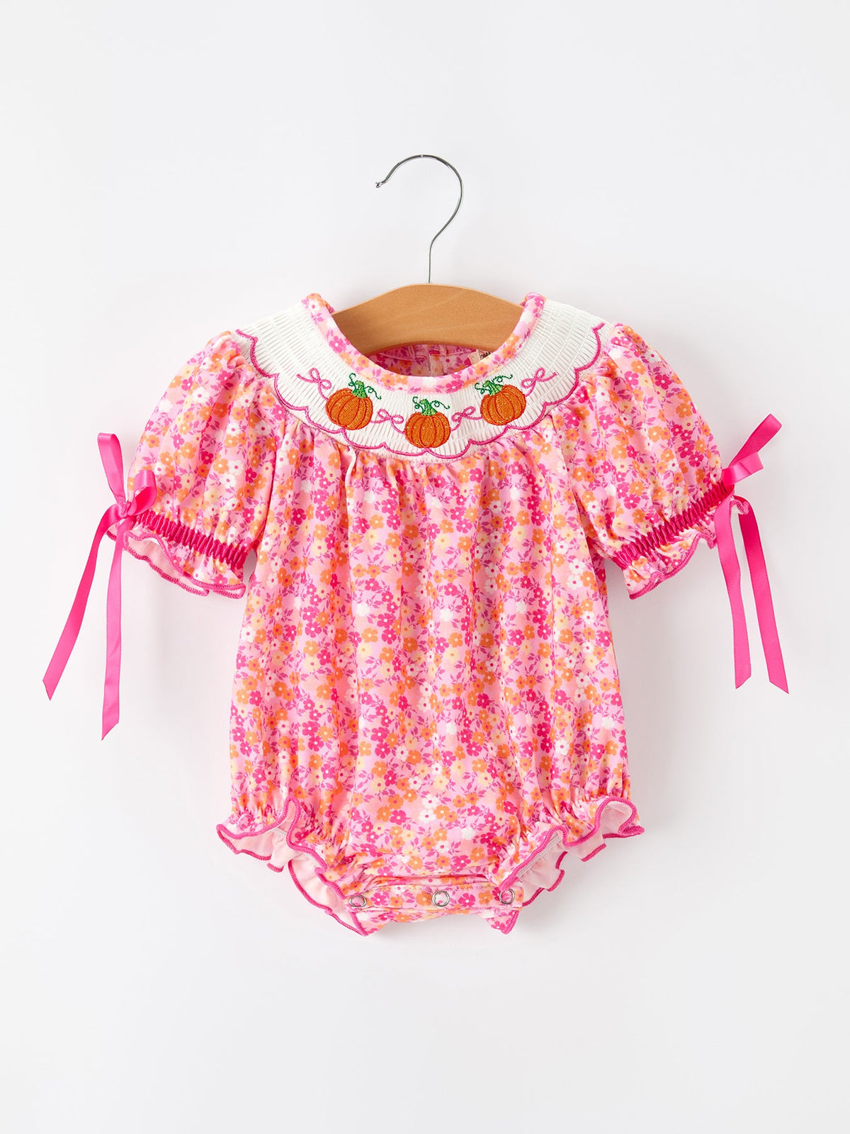 Girls Halloween & Thanksgiving Floral Smocked Bubble Romper - Rylee Faith Designs - Flyclothing LLC