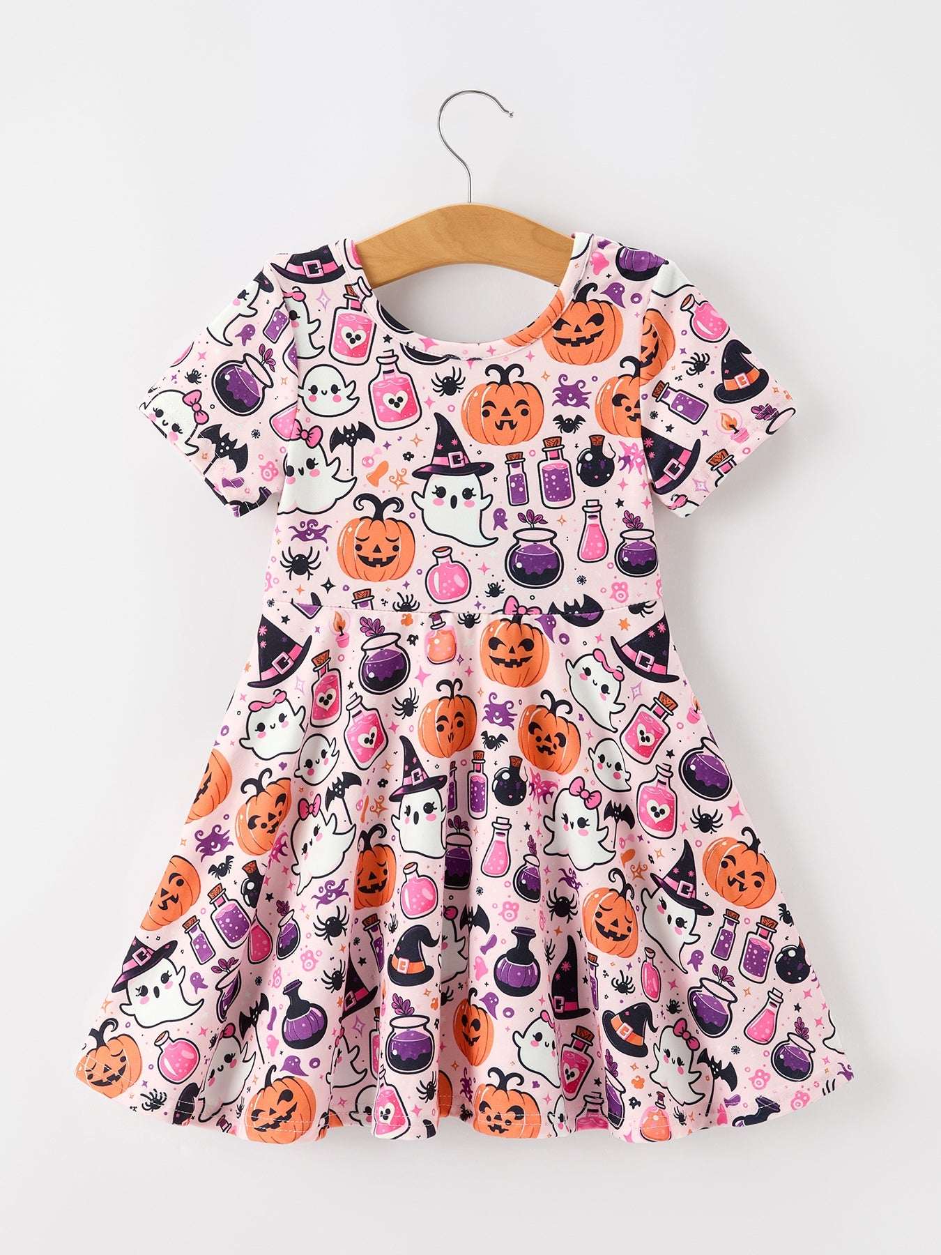 Halloween Pumpkin Ghost Print Girls Twirl Dress Short Sleeve