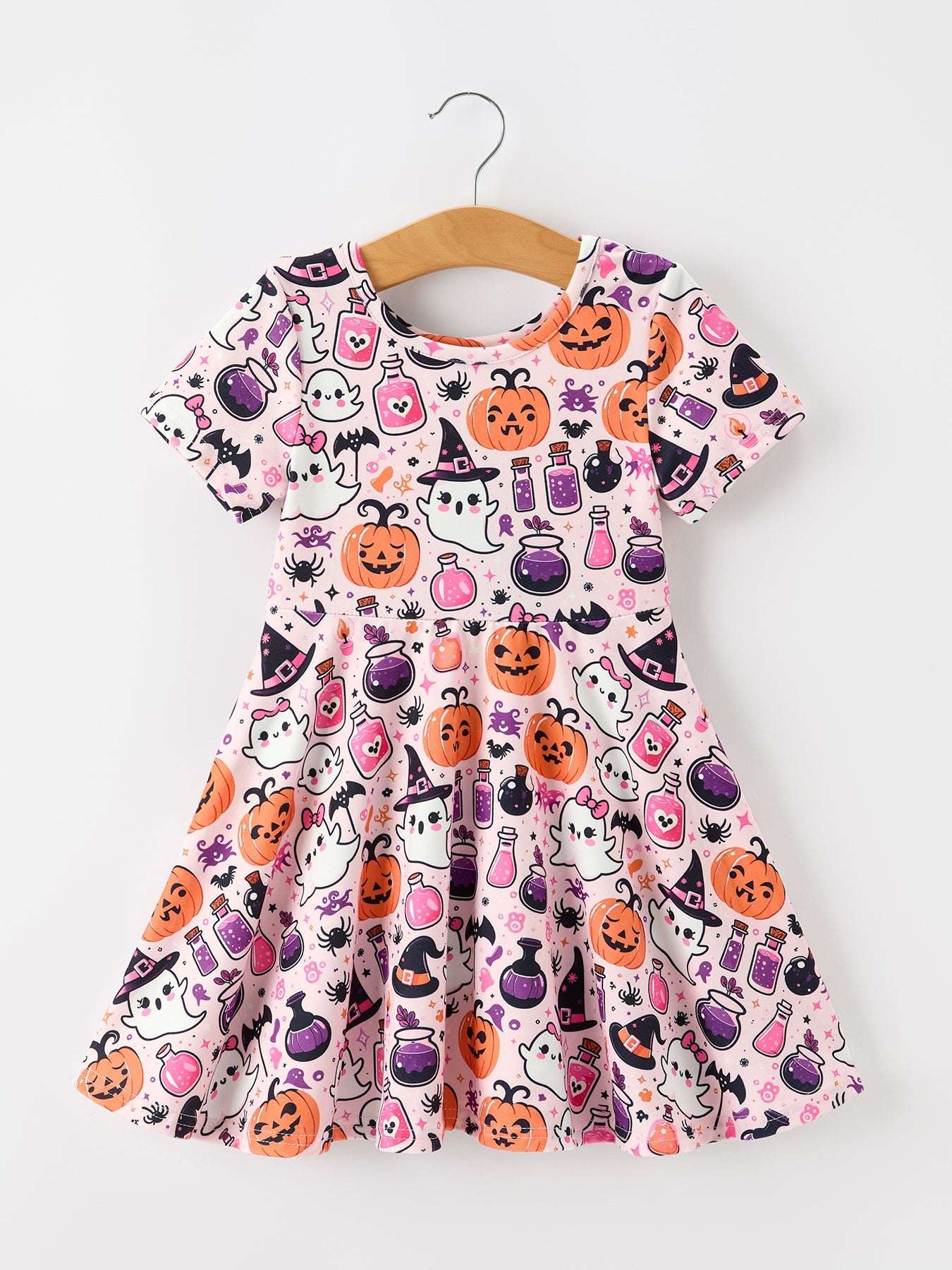 Halloween Pumpkin Ghost Print Girls Twirl Dress Short Sleeve