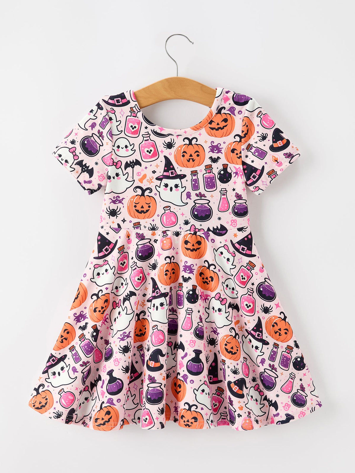 Halloween Pumpkin Ghost Print Girls Twirl Dress Short Sleeve - Rylee Faith Designs - Flyclothing LLC