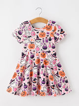 Halloween Pumpkin Ghost Print Girls Twirl Dress Short Sleeve - Rylee Faith Designs - Flyclothing LLC