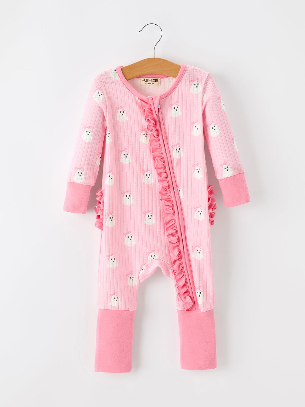 Halloween Ghost Baby Girl Pink Pajamas Ruffle Zipper Romper - Rylee Faith Designs - Flyclothing LLC