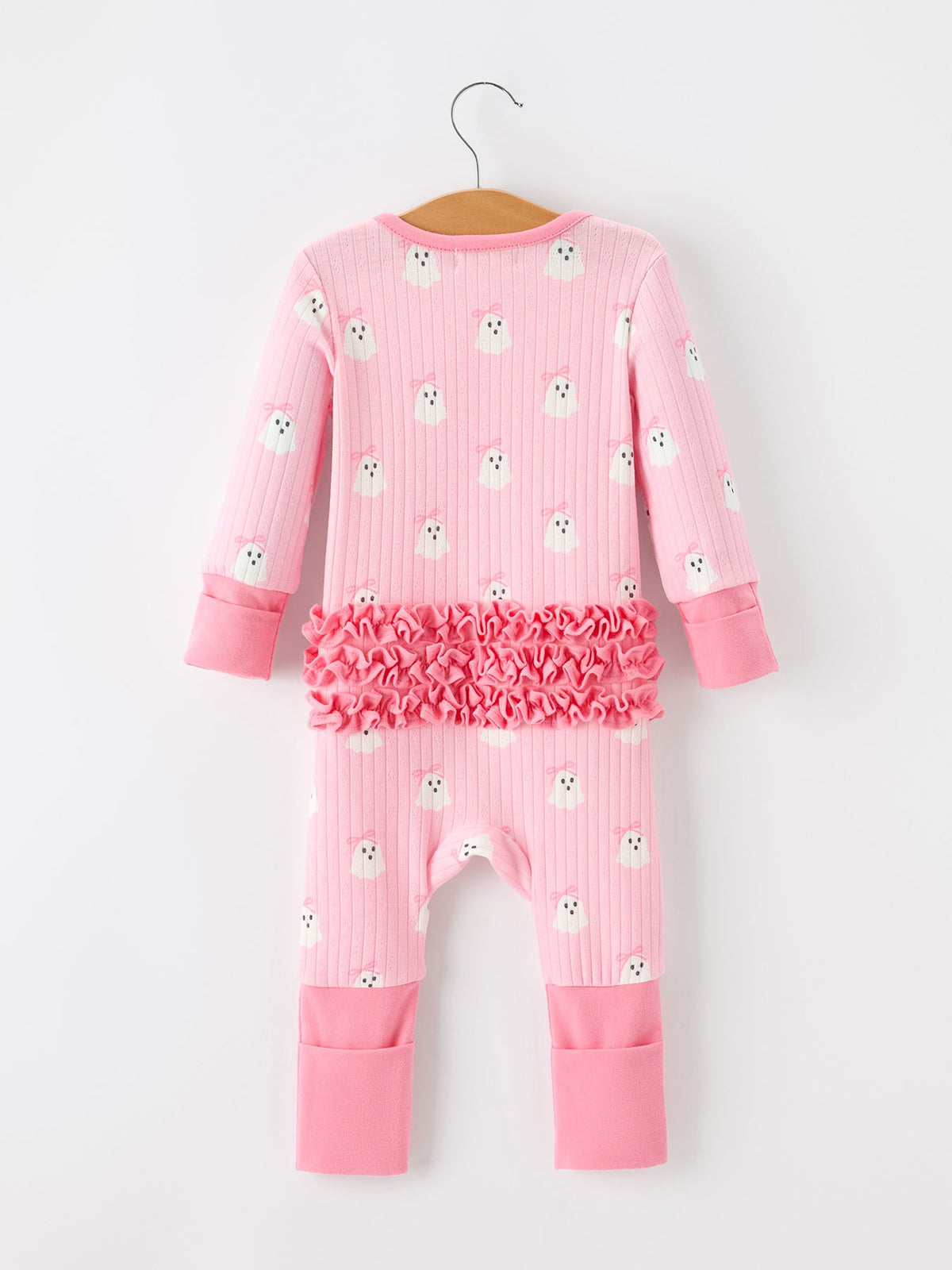 Halloween Ghost Baby Girl Pink Pajamas Ruffle Zipper Romper - Rylee Faith Designs - Flyclothing LLC