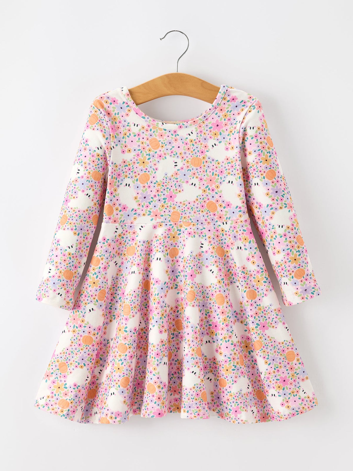 Halloween Ghost Print Girls Twirl Dress Long Sleeve - Rylee Faith Designs - Flyclothing LLC