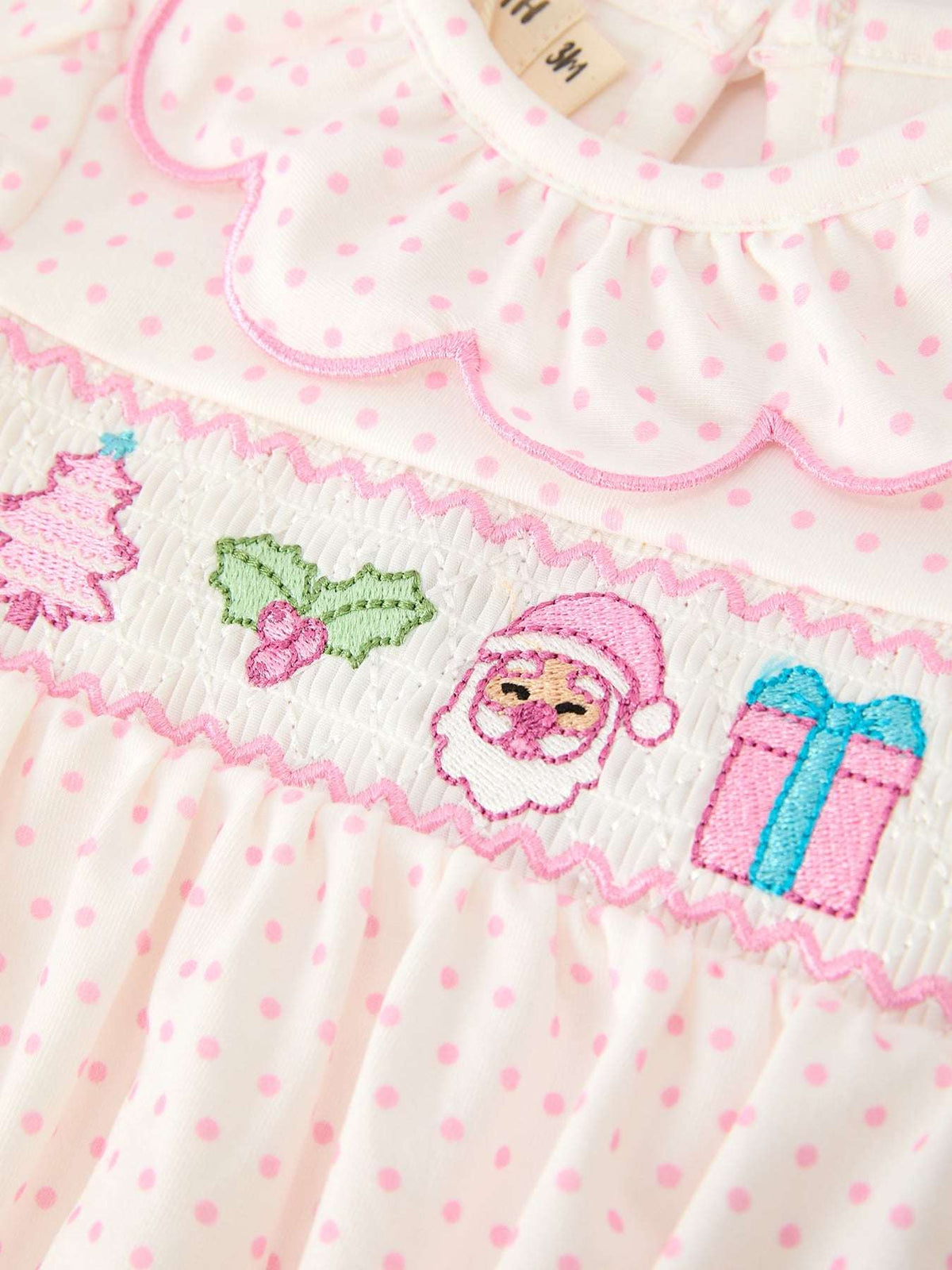 Christmas Smocked Baby Girl Bubble Romper Embroidered Ruffle Collar