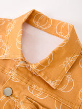 Fall Girls Pumpkin Print Bow Denim Jacket