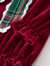 Baby Girls Christmas Burgundy Velvet Plaid Bow Romper