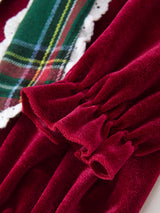 Girls Christmas Burgundy Velvet Plaid Bow Dress
