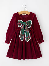 Girls Christmas Burgundy Velvet Plaid Bow Dress