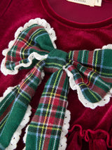 Girls Christmas Burgundy Velvet Plaid Bow Dress