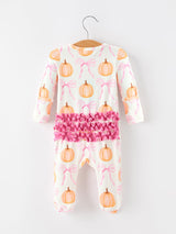 Fall Baby Girls Pumpkin Bow Ruffle Zip Romper