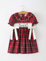 Christmas Girls Plaid Puppy Smocked Ruffle Collar Dress - Rylee Faith Designs - Flyclothing LLC