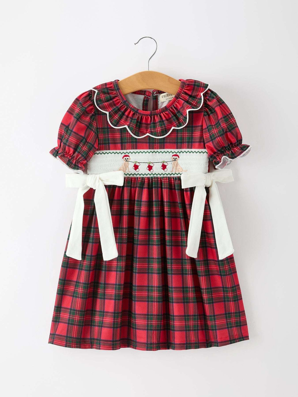 Christmas Girls Plaid Puppy Smocked Ruffle Collar Dress - Rylee Faith Designs - Flyclothing LLC