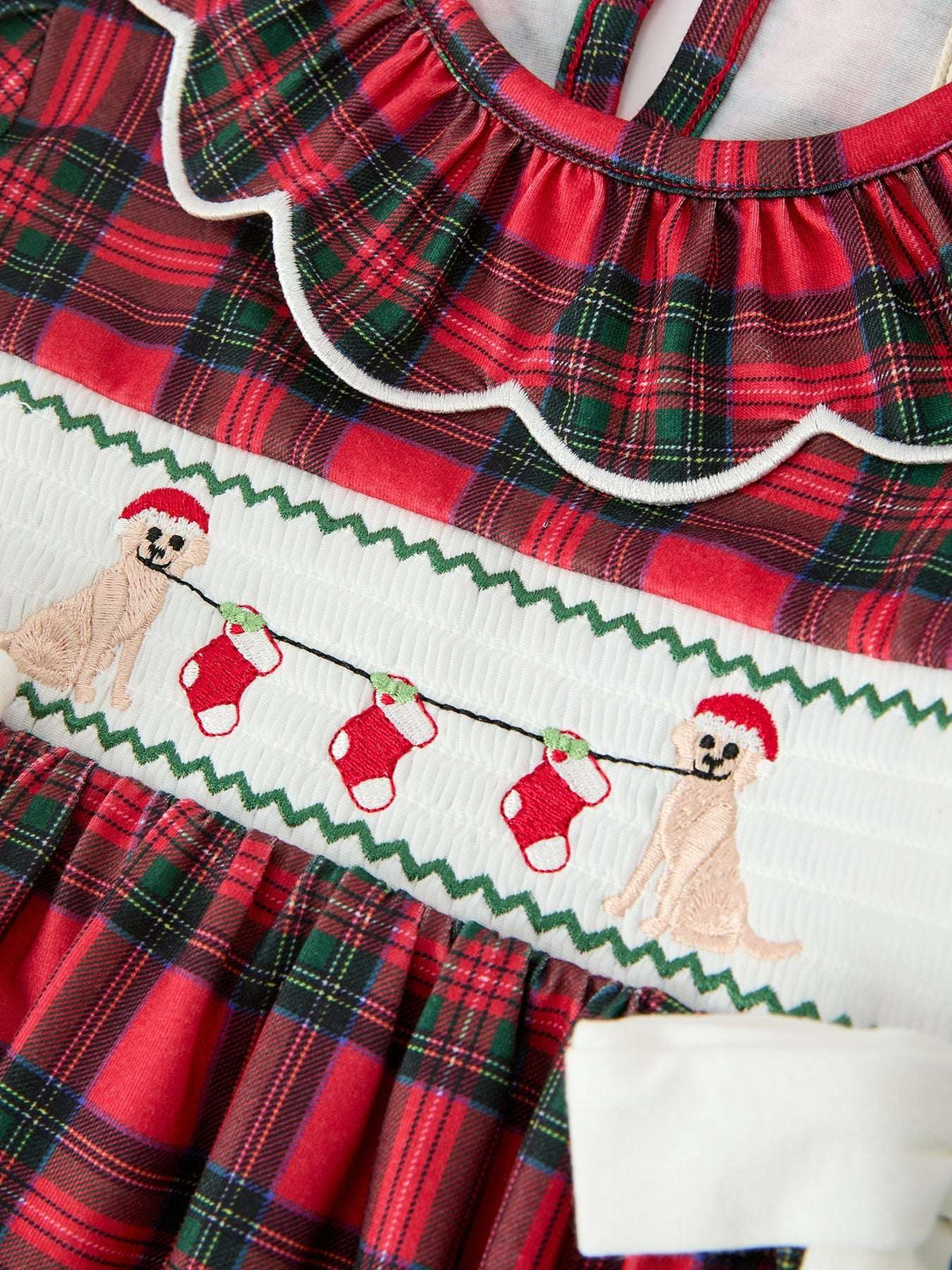 Christmas Girls Plaid Puppy Smocked Ruffle Collar Dress - Rylee Faith Designs - Flyclothing LLC