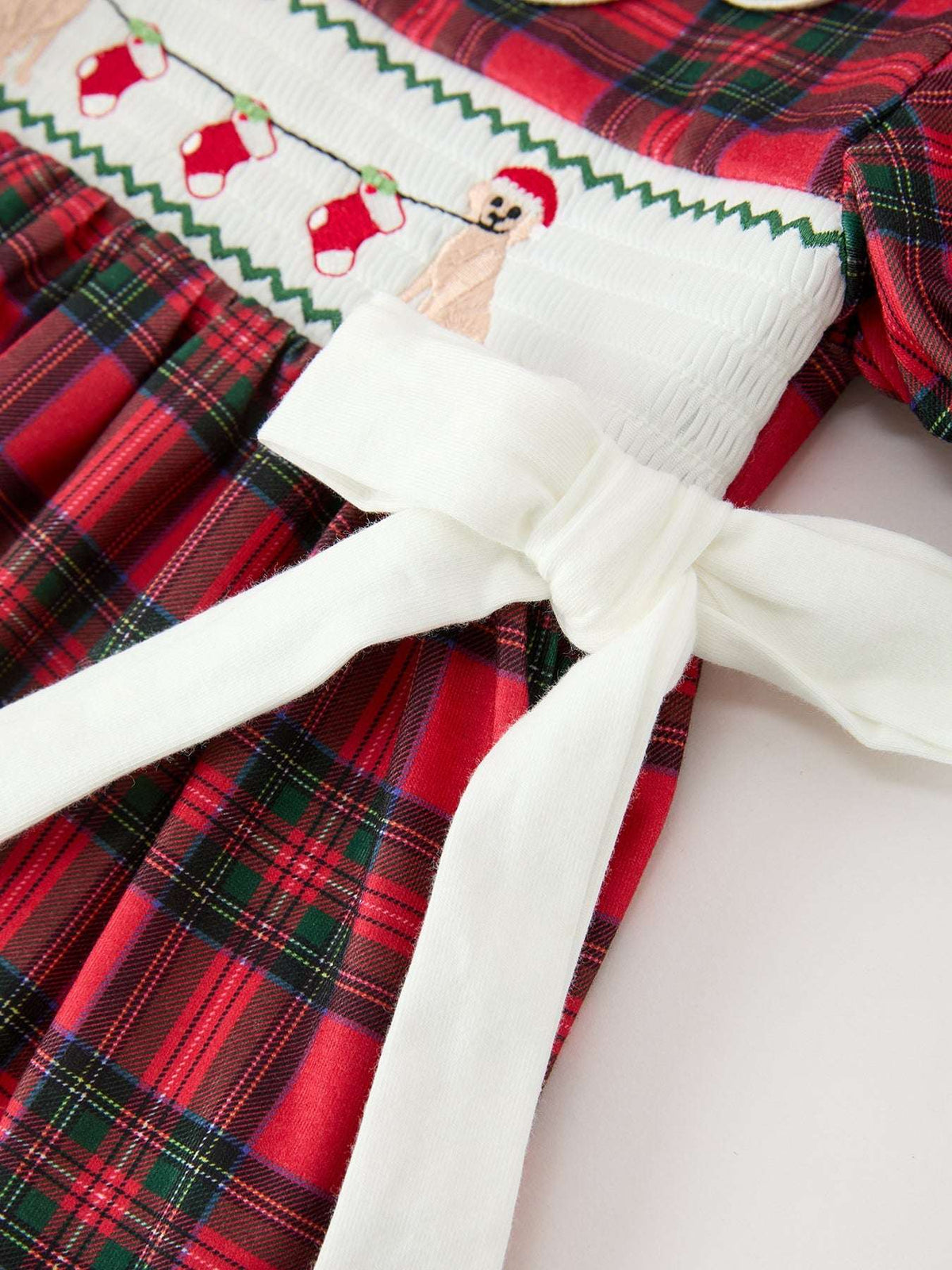 Christmas Girls Plaid Puppy Smocked Ruffle Collar Dress - Rylee Faith Designs - Flyclothing LLC