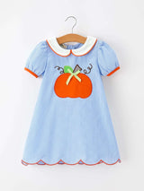 Fall Girls Plaid Pumpkin Appliqué Peter Pan Collar Dress