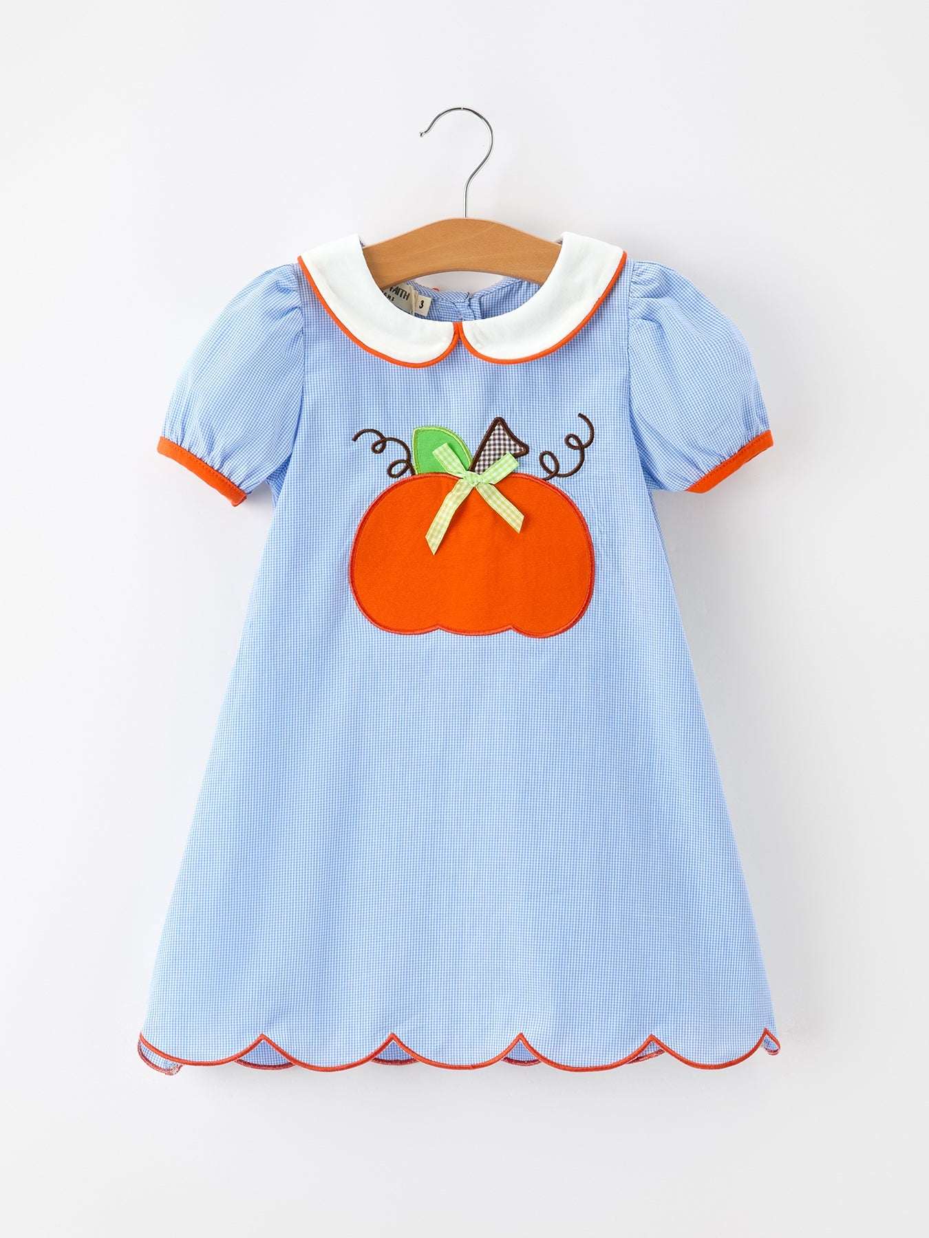 Fall Girls Plaid Pumpkin Appliqué Peter Pan Collar Dress
