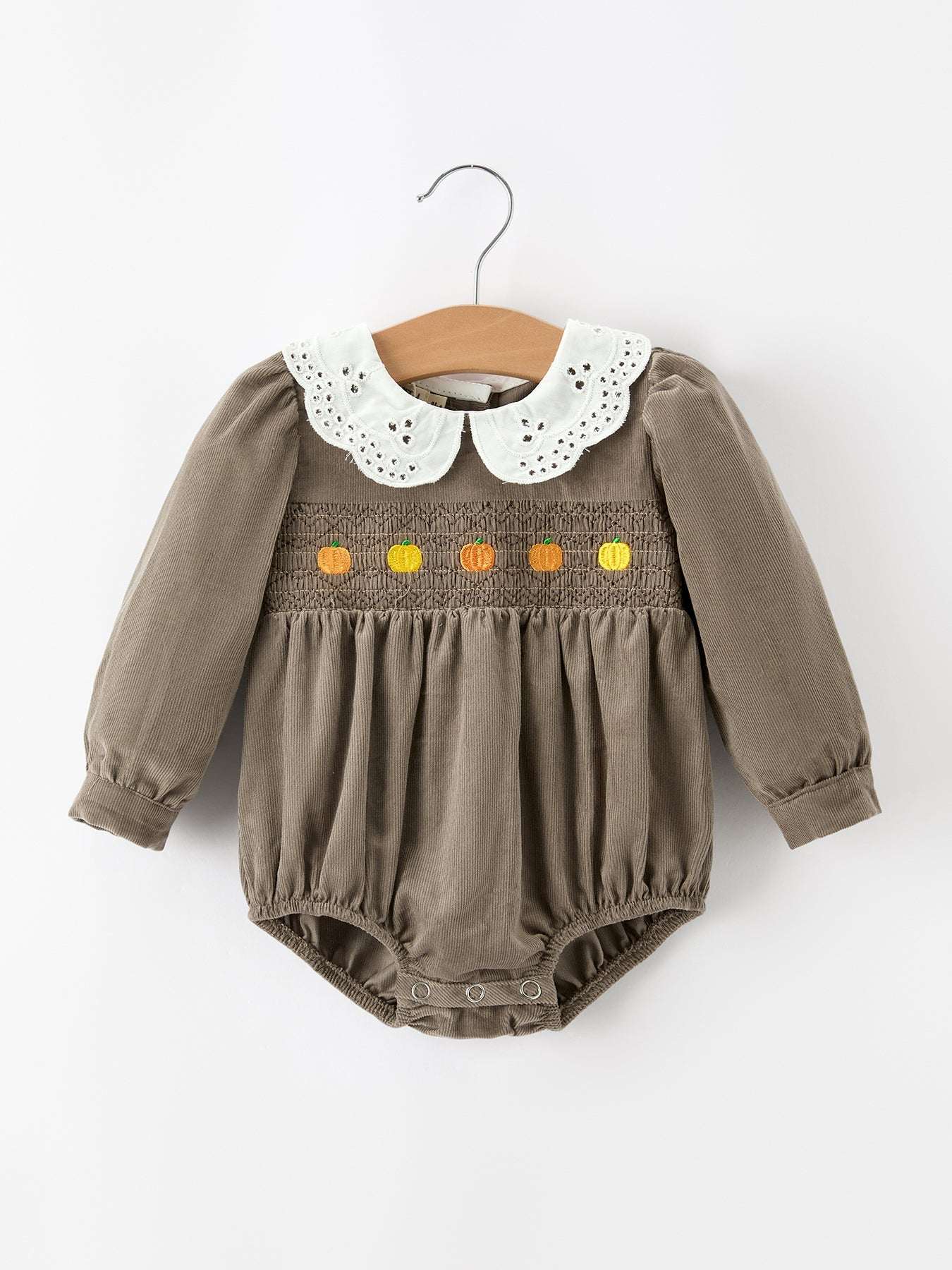 Fall Baby Girls Pumpkin Smocked Eyelet Collar Romper