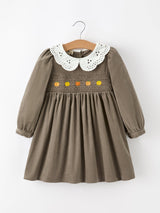 Fall Girls Pumpkin Smocked Eyelet Collar Corduroy Dress