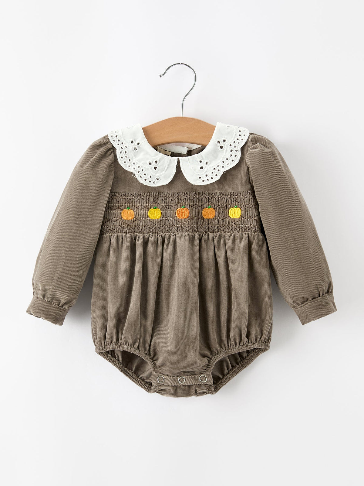 Fall Baby Girls Pumpkin Smocked Eyelet Collar Romper - Rylee Faith Designs - Flyclothing LLC