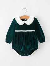 Baby Girls Emerald Green Velvet Peter Pan Collar Christmas Romper - Rylee Faith Designs - Flyclothing LLC