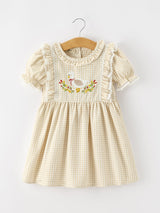 Girls Goose Embroidered Beige Plaid Ruffle Dress