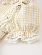 Girls Goose Embroidered Beige Plaid Ruffle Dress