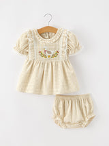 Baby Girls Goose Embroidered Beige Plaid Ruffle Bloomer Set
