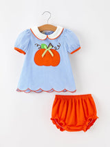 Fall Girls Pumpkin Appliqué Peter Pan Collar Bloomer Set - Rylee Faith Designs - Flyclothing LLC