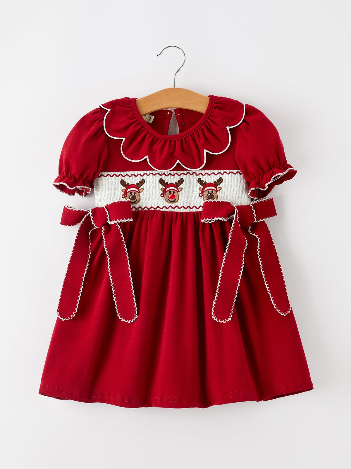 Girls Christmas Reindeer Smocked Red Bow Dress - Rylee Faith Designs - Flyclothing LLC