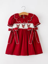 Girls Christmas Reindeer Smocked Red Bow Dress - Rylee Faith Designs - Flyclothing LLC