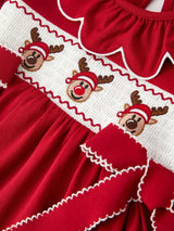 Girls Christmas Reindeer Smocked Red Bow Dress - Rylee Faith Designs - Flyclothing LLC