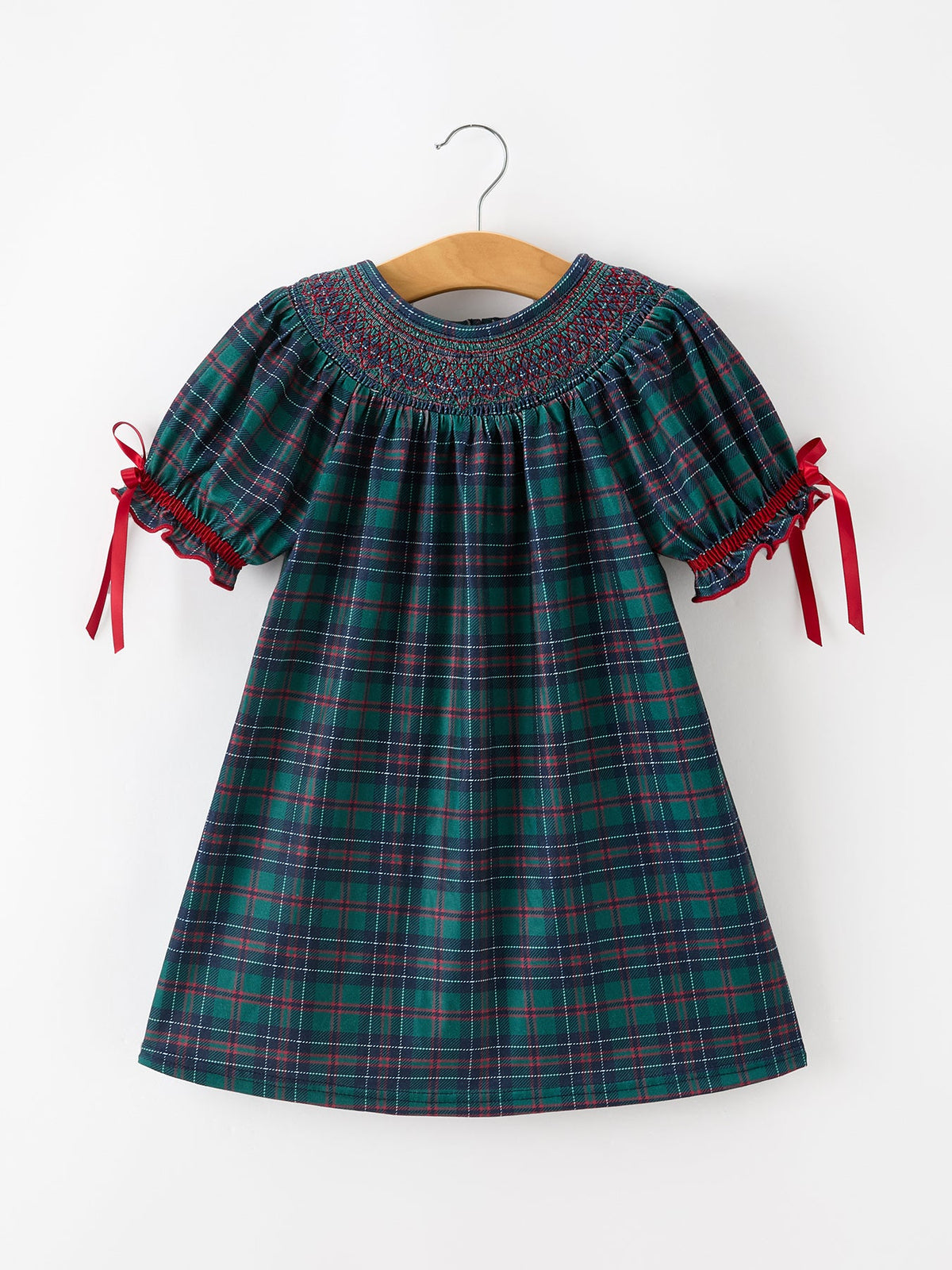 Christmas Girls Plaid Smocked Dres Puff Sleeves - Rylee Faith Designs - Flyclothing LLC
