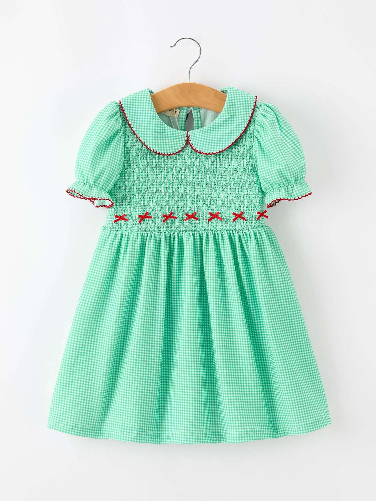 Christmas Girls Green Plaid Smocked Bow Peter Pan Collar Dress