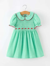 Christmas Girls Green Plaid Smocked Bow Peter Pan Collar Dress