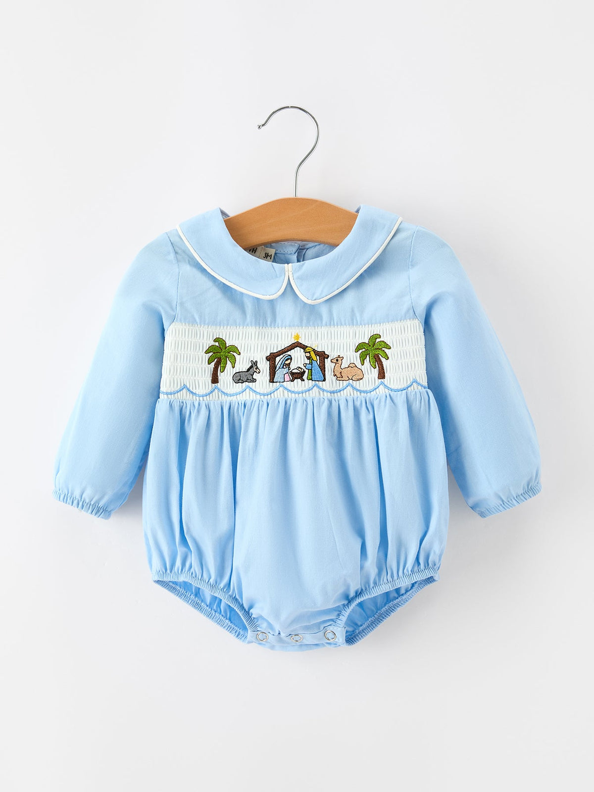 Christmas Nativity Embroidered Baby Boy Blue Smocked Romper - Rylee Faith Designs - Flyclothing LLC