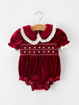 Christmas Burgundy Velvet Baby Girl Smocked Pearl Romper