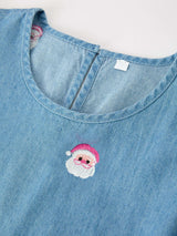 Christmas Santa Embroidered Girls Denim Dress