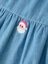 Christmas Santa Embroidered Girls Denim Dress