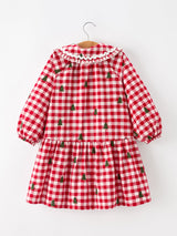 Christmas Tree Embroidered Plaid Girls Ruffle Collar Dress