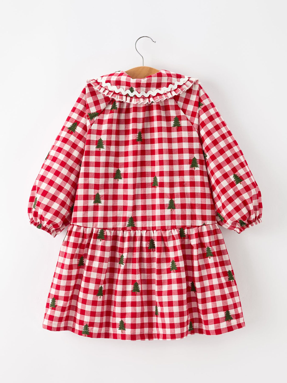 Christmas Tree Embroidered Plaid Girls Ruffle Collar Dress