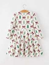 Christmas Bow and Gingerbread Print Girls Twirl Dress