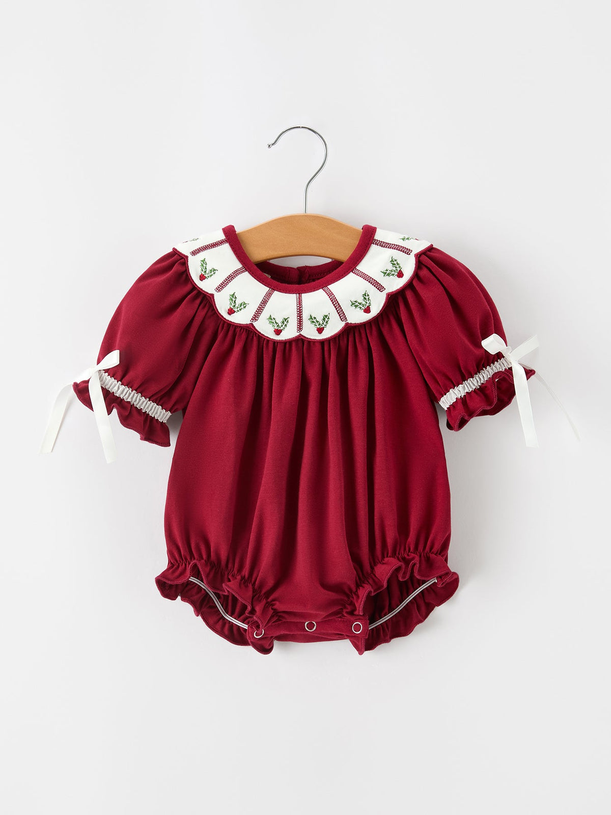 Christmas Holly Embroidered Baby Romper Petals Collar Ruffle - Rylee Faith Designs - Flyclothing LLC