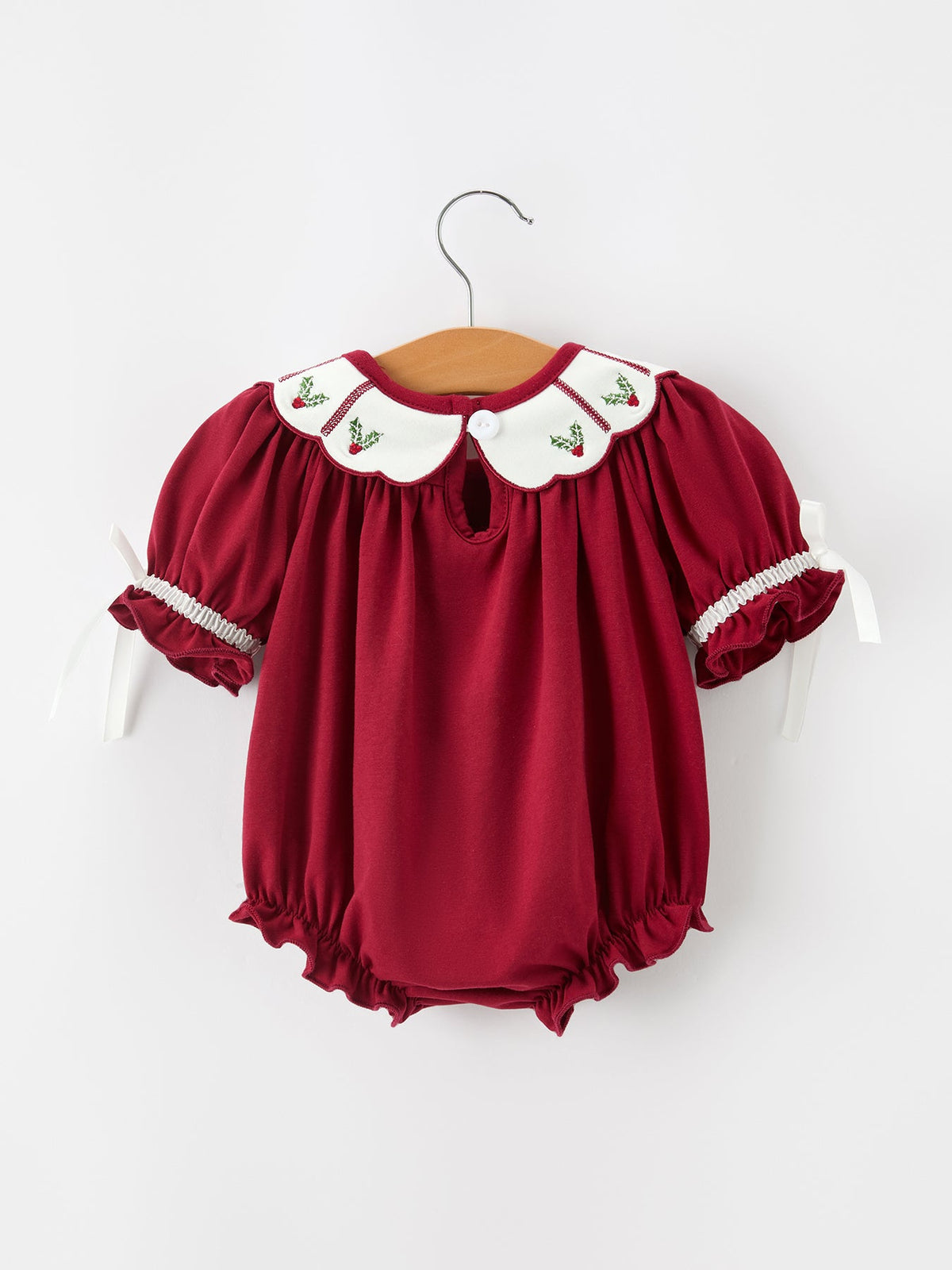 Christmas Holly Embroidered Baby Romper Petals Collar Ruffle - Rylee Faith Designs - Flyclothing LLC