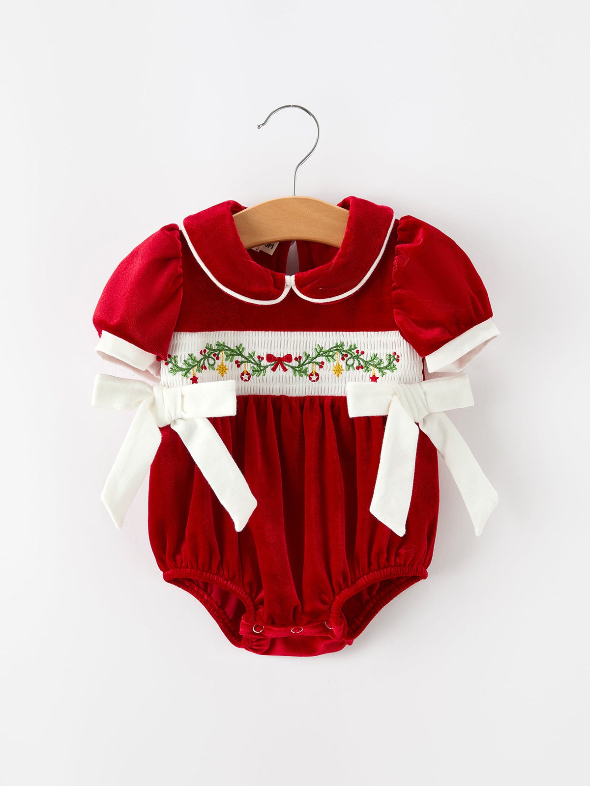 Christmas Velvet Baby Romper Smocked Embroidery Bow - Rylee Faith Designs - Flyclothing LLC