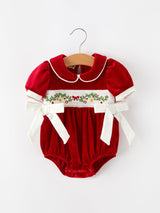 Christmas Velvet Baby Romper Smocked Embroidery Bow - Rylee Faith Designs - Flyclothing LLC