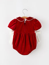 Christmas Velvet Baby Romper Smocked Embroidery Bow - Rylee Faith Designs - Flyclothing LLC