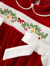 Christmas Velvet Baby Romper Smocked Embroidery Bow - Rylee Faith Designs - Flyclothing LLC