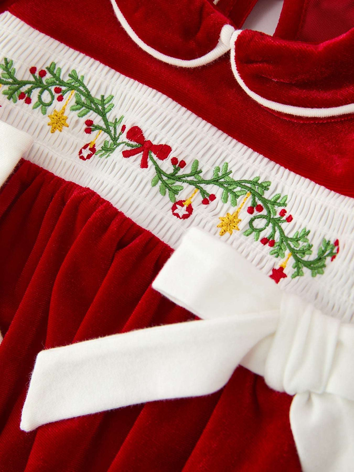 Christmas Velvet Baby Romper Smocked Embroidery Bow - Rylee Faith Designs - Flyclothing LLC