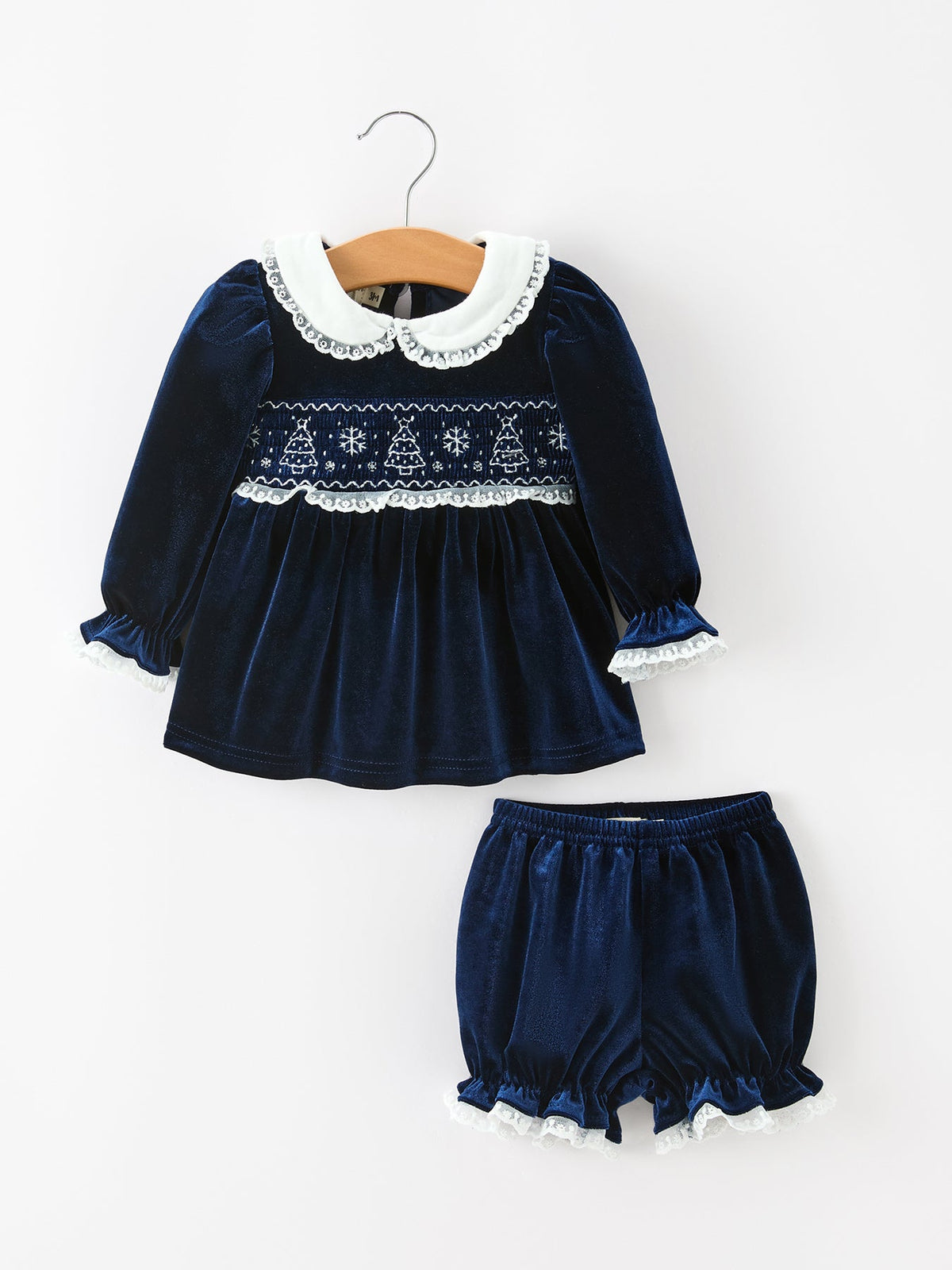 Girls Christmas Navy Velvet Smocked Top And Bloomers Outfit - Rylee Faith Designs - Flyclothing LLC